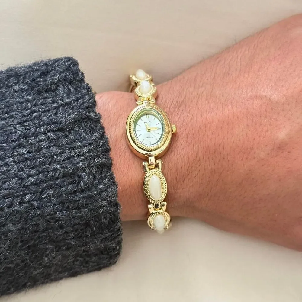 y2k dainty gold and white stone round stainless steel charm watch